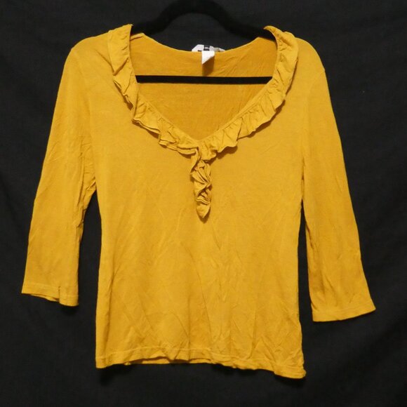 H&M | medium | Ruffled Yellow Rayon Long Sleeve Knit Shirt - Picture 1 of 16